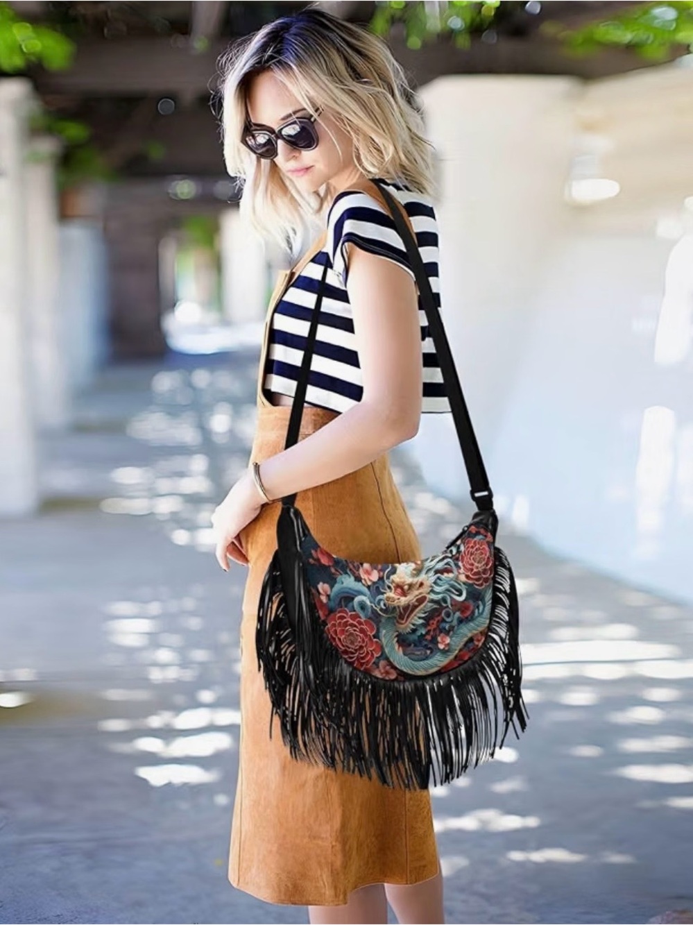 Fringed Floral dragon printed Crossbody Bag - Black Multi